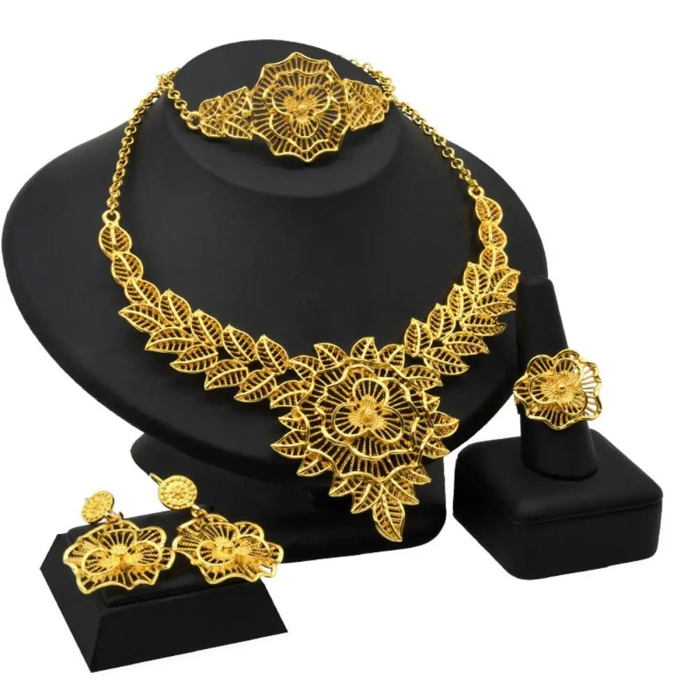 Conjunto de 4 joias indianas banhadas a ouro para noivas, colar/brincos/pulseira/anel, joias luxuosas banhadas a ouro de alta qualidade e duráveis