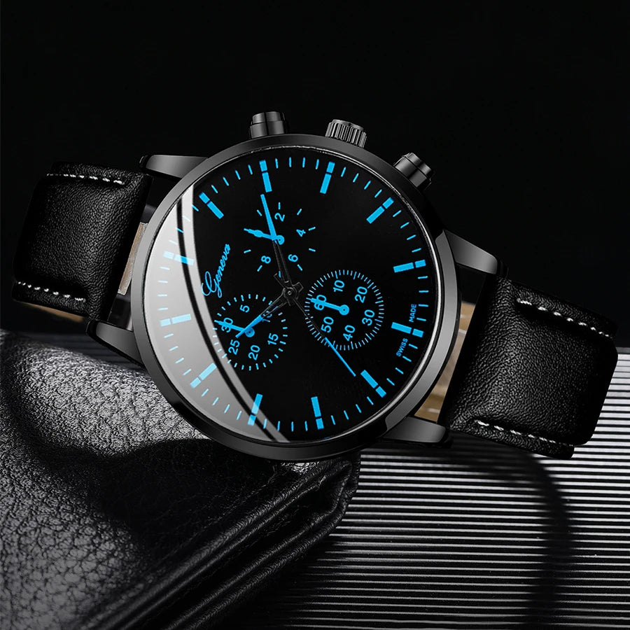 Conjunto de 3 relógios masculinos de negócios, casual, pulseira de couro, analógico, quartzo, colar, pulseira