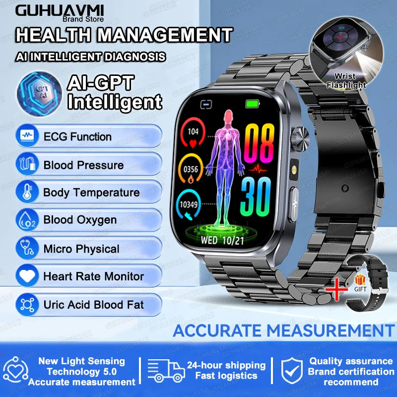 Novo relógio inteligente masculino 2025, pressão arterial, saúde, oxigênio no sangue, ácido úrico, lipídios, rastreador de fitness, relógios Bluetooth, chamada, ECG, smartwatch